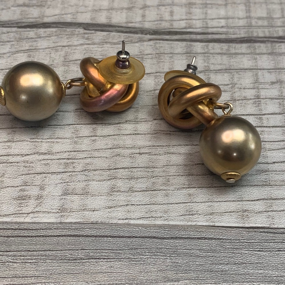 Vintage Matte Gold Tone Love Knot Faux Pearl Drop Earrings Mixed Metal Statement